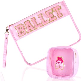 Xuqiakw 2 Pcs Ballet Bags Dance Makeup Bag with Chenille Letter Patch, Dance Recital Gifts for Girls,Clear Pouch PVC Organizer Purse,Waterproof Sport Zippered Toiletry Carry Pouch