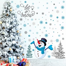 Soaoo 63 Pcs Winter Wall Decals Snowflakes Stickers Removable Christmas Snowman Wall Art Silver White and Blue Winter Window Clings Let It Snow Decor for Home Bedroom Decoration