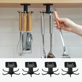 TIE-DailyNec 4 PCS Under Cabinet Kitchen Utensil Hooks 360 °Rotation Adhesive Nail Free Hanging Rack for Kitchen Utensils, Tools, Towel, Knife (Black)