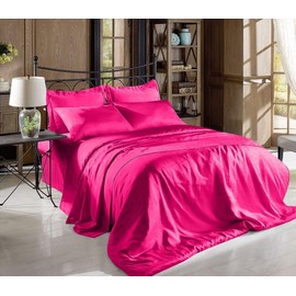 Hight Thread Count Solid Color Soft Silky Charmeuse Satin Luxury and Super Soft Bed Sheet Set (Hot Pink, Queen)
