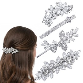 4 Pcs Rhinestone Hair Clips, Sparkly Silver Bridal Hair Accessories for Women, Crystal Flower Hairs Barrettes & Hairpins for Wedding, Prom, Special Occasion (Silver)