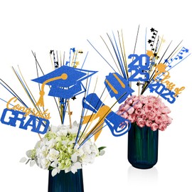 Graduation Decorations Class of 2025 23pcs Blue and Gold Grad Glitter Centerpiece Sticks Table Toppers Decor with Metallic Foil Spray Star Grass for 2025 College High School Congrats Grad Supplies