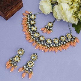Efulgenz Indian Oxidized Jewelry Sets for Women Peach Color Faux Kundan Cz Cubic Zirconia Bridal Jewelry Set for Wedding Faux Pearl Crystal Choker Necklace Dangle Earrings With Maang Tikka Bollywood Bridal Jewelry Set