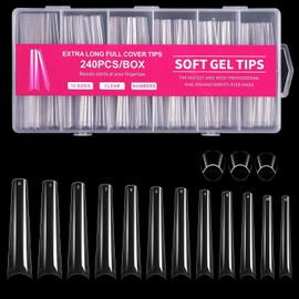 G&B 240Pcs Coffin Nail Tips, Long Coffin Press On Soft Gel X Nails, 12 Sizes Half Cover Acrylic False Nail Tips, for Beginner and Home Salon Diy