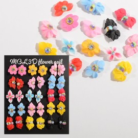 KATFAN 30PCS 3D Flower Nail Charms Handmade Resin Flowers Spring Summer Acrylic Flower Nail Rhinestone Crystals Colorful Nail Art Charm for Women DIY Crafts