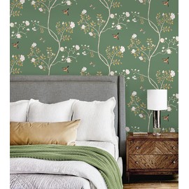 Hopepak 16.1''x197'' Floral Peel and Stick Wallpaper Green Floral Wallpaper Peel and Stick Self Adhesive Removable Wallpaper for Bedroom Branch Wallpaper Cute Bird Wallpaper for Nursery Decor
