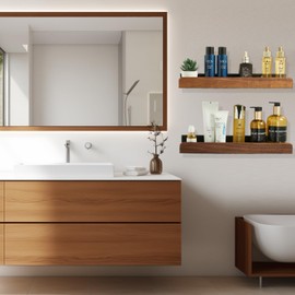 FunViet Walnut Wooden Floating Shelves for Wall,2 Pack Farmhouse Natural Wood Small Shelf with Border Over Toilet,Space Saving Bathroom and Kitchen Storage Organizer (16 Inch)