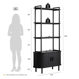 ONBRILL 71" Tall Bookshelf, 4-Tier Book Shelf with Storage Cabinet, Modern Bookcase with Sliding Door and Adjustable Footpad, Freestanding Storage Organizer Bookshelf for Living Room, Bedroom, Black
