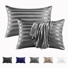 MR&HM Satin Pillowcase for Hair and Skin, Silk Satin Pillowcase 2 Pack, King Size Pillow Cases Set of 2, Silky Pillow Cover with Envelope Closure (20x36, Dark Grey Striped)
