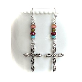 Silver Cross with Rich and Turquoise Bead Earrings Love Believe Jewelry Earrings for Women #3298FE3850
