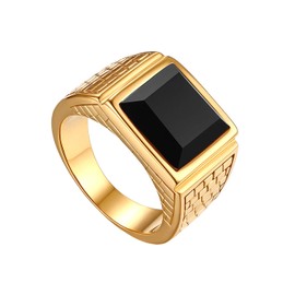 JewelryWe Jewellery Men's Ring Stainless Steel Glass Square Signet Ring Wedding Engagement Rings with Engraving Gold Black Size 54 to 65, Stainless Steel, Gold