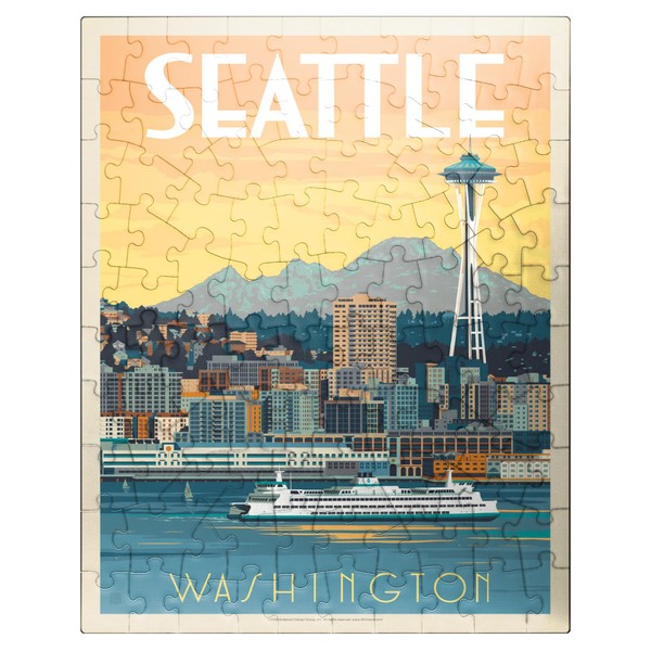 Seattle, WA: Ferry, Vintage Poster - Premium 100 Piece Jigsaw Puzzle for Adults