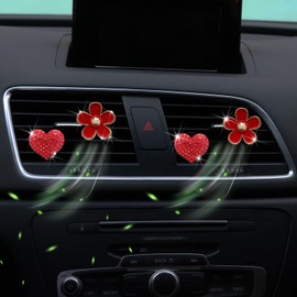 4PCS Car Air Vent Clips with Fragrance Pads, Cute Flower Car Air Fresheners Vents Clips Diamond Vent Clip Car Interior Decor Charm Bling Car Accessories Car Decoration for Women (Red)