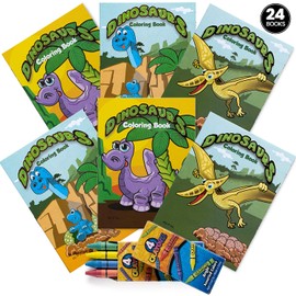 Bulk Mini Dinosaur Coloring Books (Pack Of 24) With 8 Premium Color Crayons, Dino Designs Coloring Books And Crayons, For Birthday Party,Dinosaur Themed Goody Bag Filler