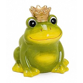 Frog Prince Money Box Ceramic 12 cm Green with Gold Crown Lockable with Key Money Box Ideal gift for Birth / Christening / Birthday