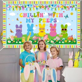 Chillin with My Peeps Backdrop 72''x44'' Large Size Easter Bunny Banner for Happy Easter Bunny Party Supplies Spring Eggs Chicken Party Indoor Outdoor Home Decorations