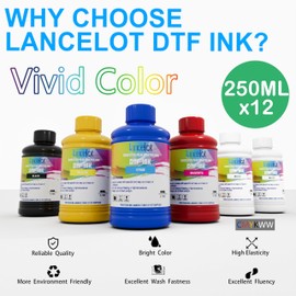 Lancelot DTF Ink 250mlx6-2 Set High Fluidity, Ultra-Compatible Printer Ink for DTF Transfers Low Consumption Vivid Colors Perfect for Holiday DIY, Apparel Studios Small Businesses (250mlx12,CMYK+2W)