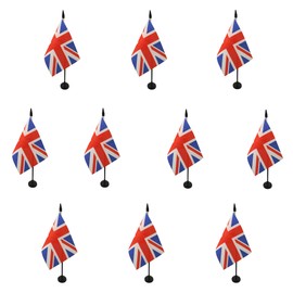 AZ FLAG Pack of 10 UK Table Flags - 6" x 4" - 10 Mini UK Flags - Office 100% Polyester with 25cm Flag and Black Plastic Base