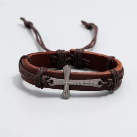 Syrios Gifts Brown Leather Bracelet with Cross, Lords Prayer, Christian God, Jesus, Catholic