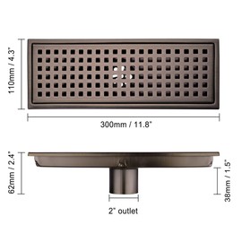 Orhemus Linear Shower Floor Drain with Removable Cover Grid Grate 12 inch Long Rectangle, SUS 304 Stainless Steel Brushed Bronze Finished Antique Copper