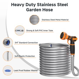 Girafe Tools Garden Hose 50ft x 3/4", 304 Stainless Steel Garden Hose, Metal Water Hose, No Kink, Lightweight, Flexible Design with 9 Pattern Spray Nozzle for Yard, Outdoor