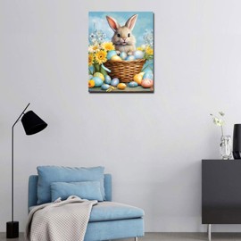 Easter Bunny and Baskets Filled with Easter Eggs Paint by Number Kits Canvas Acrylic Paint Cute Rabbits and Flowers DIY Oil Painting for Kids, Students, Adults Room Wall Decor 16x20In (DIY Frame)