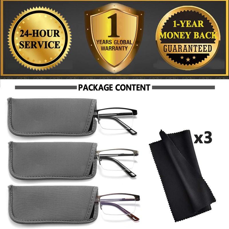 JJWELL 3 Pack Blue Light Reading Glasses for Men, Lightweight