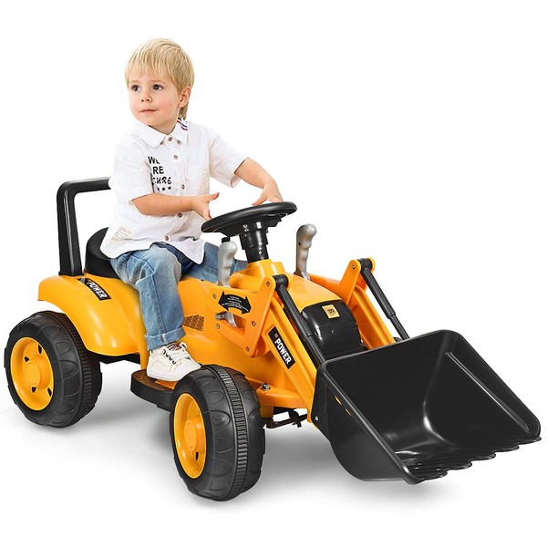 FFlyer Kids Ride on Excavator, 6V Battery-Powered Loader Digger w/ Controllable Digging Bucket, Horn & Forward/Backward/Stop, Ride on Construction Backhoe Vehicles for Toddlers Boys (Yellow)