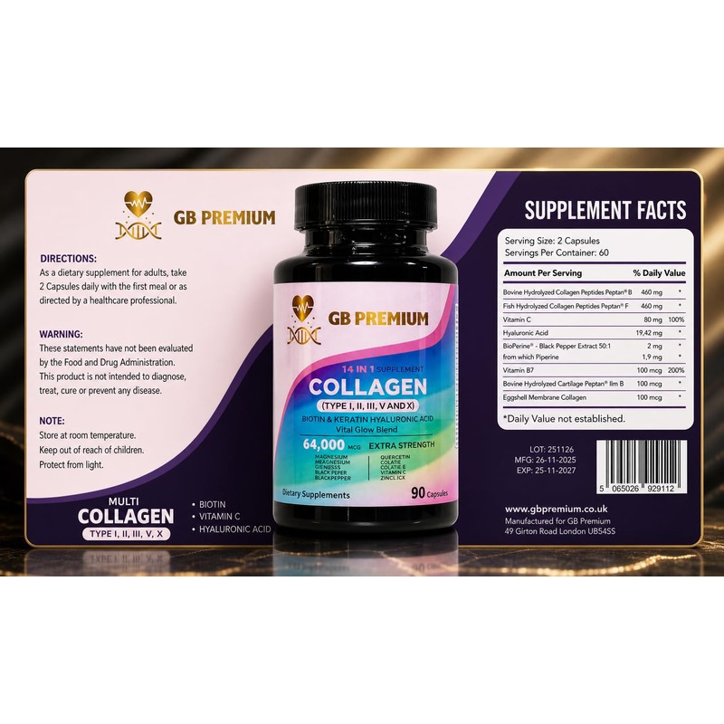 GB Premium Collagen 14 in 1 Complex Capsules, Type I