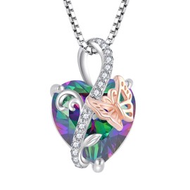 VA JENT Heart Necklace for Women Love Heart Butterfly Pendant Necklaces 925 Sterling Silver Birthstones Necklace Rainbow Black Cubic Zirconia Jewelry for Her Mom