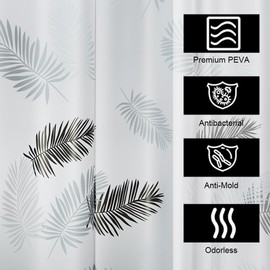 Lkw Ogechi Shower Curtain PEVA 200x200 CM Black Leaves, 300 CM Extra Wide Shower Curtain Waterproof Mould Proof, SemiTransparent White Bath Curtain Quick Drying with Plastic Hooks, for Wet Room