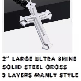 Fashion Jewelry 3 LAYERED LARGE CROSS CHRISTIAN Pendant on 925 Sterling Silver 20" Necklace men