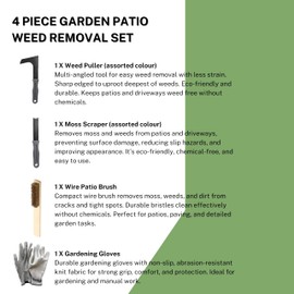 4-Piece Patio Weed Removal Tool Kit – Bundle With Hand Weeder, Scraper, Patio Brush and Gardening Gloves – Eco-Friendly Solution for Moss and Weed Removal – Ideal for Outdoor Surfaces and Patios