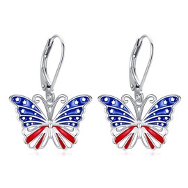 American Flag Butterfly Earrings Sterling Silver 4th of July Patriotic Earrings Independence Day Jewelry Gifts for Women