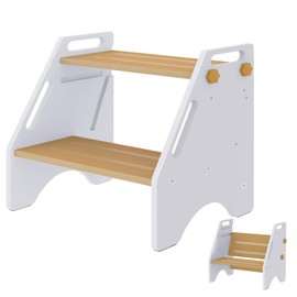 Toddler Step Stool, Wooden Height-Adjustable 2 Step Stool for Kids, 2 in 1 Potty Training Stool with Safety Handles Non-Slip Pads for Bathroom Sink, Kitchen, Bedroom (White)