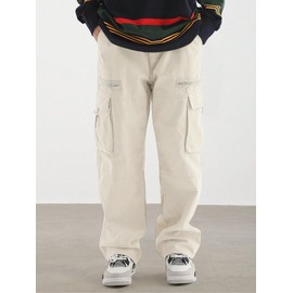 ZAFUL Men's Wild Cargo Pants Loose Fit Y2K Pants Drawstring Casual Hiking Pants Pocket Zipper Design Straight Trousers Apricot L