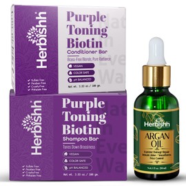Herbishh Purple Hair Care Set – Toning Shampoo & Conditioner Bars + Argan Oil 30ml – For Blonde, Silver & Color-Treated Hair – Moisturizes, Strengthens & Adds Shine – Sulfate-Free & Vegan