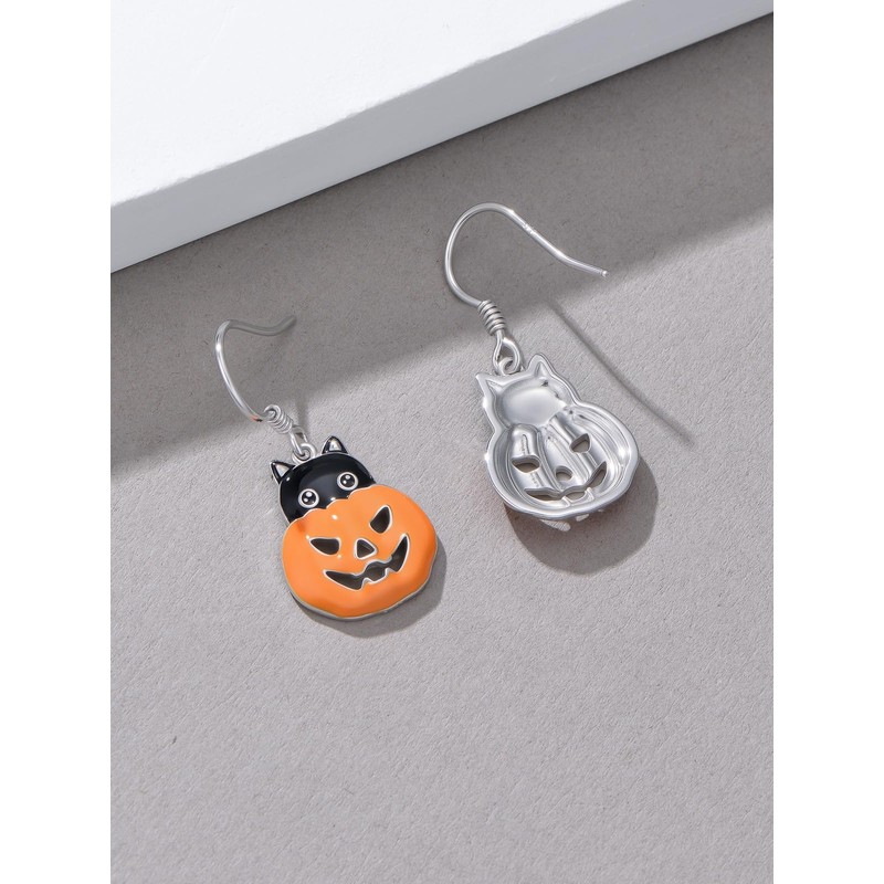 Pumpkin Earrings for Women 925 Sterling Silver Cat Halloween Dangle