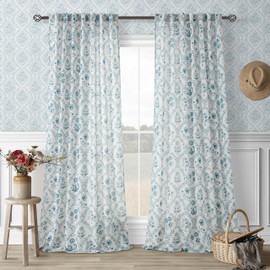 Extra Long Blue Floral Curtains 120 Inches Long for Living Room Dining Botanical Flower Patterned Curtains Print Farmhouse Country Decor Shabby Chic Blue Linen Boho Floral Drapes for Bedroom Coastal