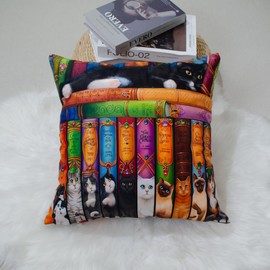 DILOXNSU Cat Gifts Cushion Covers 45cm x 45cm Cat Book Bookshelf Double-Sided Decorative Pillows Covers for Home Livingroom Sofa Bed Outdoor Garden Decor Cushion Cover 18 x 18 inch