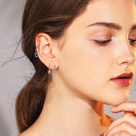 Frigotine 3PCS Silver Square Dangle Small Hoop Earrings Stack Set for Woman, Dainty Baguette Rhinestone CZ Drop Multiple Piercing Cartilage Huggie Earing Wedding Prom Fashion Jewelry Gifts