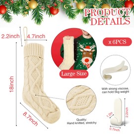 Zhanmai 6 Pack Cable Knit Christmas Stockings with Holders Large Classic Xmas Fireplace Hanging Stockings (White,18 Inch)