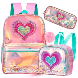 Meetbelify Backpack for Girls School Backpacks Kids Clear Bookbag for Elementary Kindergarten Students Full Size Travel Bag with Lunch Box Pencil Case for Girls 5-12 Years Old