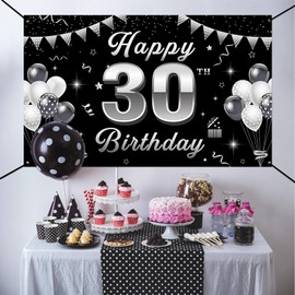 30th Birthday Banner Black Silver Birthday Decoration 30 Boys Girls Banner 30th Birthday Extra Large Birthday Decoration 30th Anniversary Background Banner Sign Poster for 30th Birthday Party