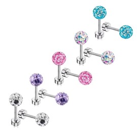 4 Pairs Crystal Ball Stud Earrings for Women tainless Steel 16G CZ Disco Ball Cartilage Earrings Flat Back Helix Tragus Piercing Studs Hypoallergenic (5mm)