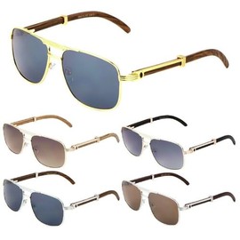 Dweebzilla Executive Aviator Metal & Faux Wood Buffs Dark Lens Sunglasses - Full Rim Eyeglasses Frames (Rose Gold & Black Wood - Black Gradient Lenses)