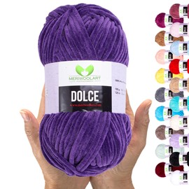MeriWoolArt Chenille Yarn for Knitting and Crocheting Dark Purple - 100 g and 120 m Velvet Wool - 100% Fluffy Polyester Knitting Yarn for Amigurumi Cushions Blankets Soft Clothing Gifts