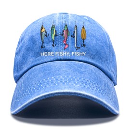 Pishovi Here Fishy Fishy Baseball Cap, Vintage Adjustable Cotton Cap, Christmas Birthday Thank You Gifts for Fishing Lover Fishermen, Funny Retirement Gifts for Grandpa Men Dad Friend Blue