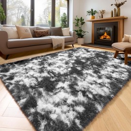 Amdrebio Black White Grey Rugs for Living Room Bedroom, 9x12 Big Fluffy Shaggy Furry Area Rug for Kids Room Apartment Home Decor, Fuzzy Shag Plush Floor Modern Cool Huge Large Carpet for Men Teen Boys