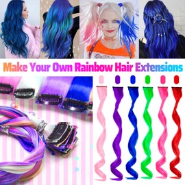 GPOVVIMX 12 PCS Blue Hair Extensions Clip in, Curly Wavy Colored Extension for Kids Girls - Party Highlights Synthetic Hairpiece 17 inch